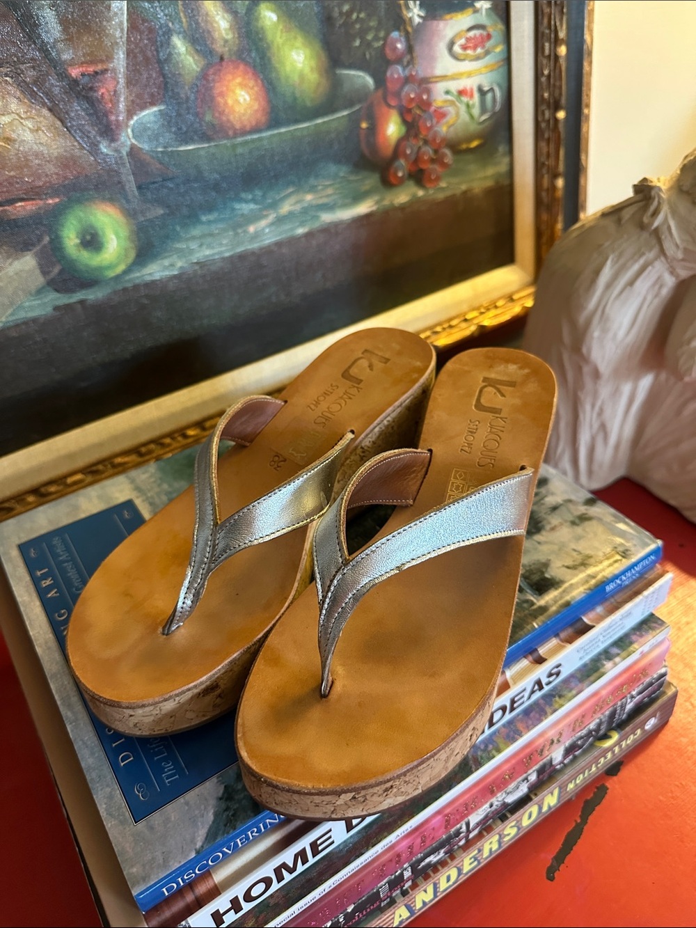 K.Jacques Metallic Gold Cork Wedge Thong Sandals